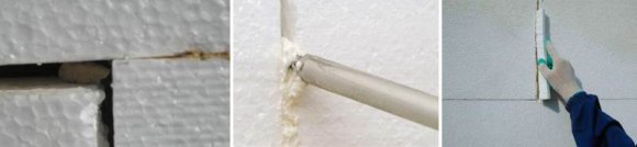 Заделка шелей в месте стыков пенопласта Заделка шелей в месте стыков пенопласта