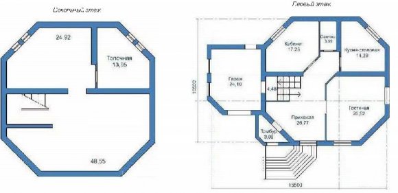 Проект 2-го дома с мансардой и гаражом - план подвала и 1-го этажа