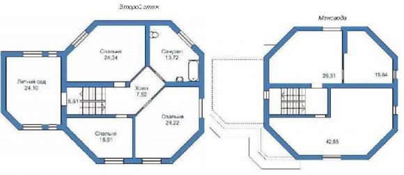 Проект 2-го дома с мансардой и гаражом - план 2-го этажа и мансарды
