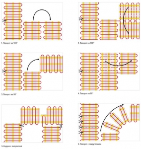 Варианты схем укладки нагревательных матов с поворотом на 90 и 180 градусов Варианты схем укладки нагревательных матов с поворотом на 90 и 180 градусов